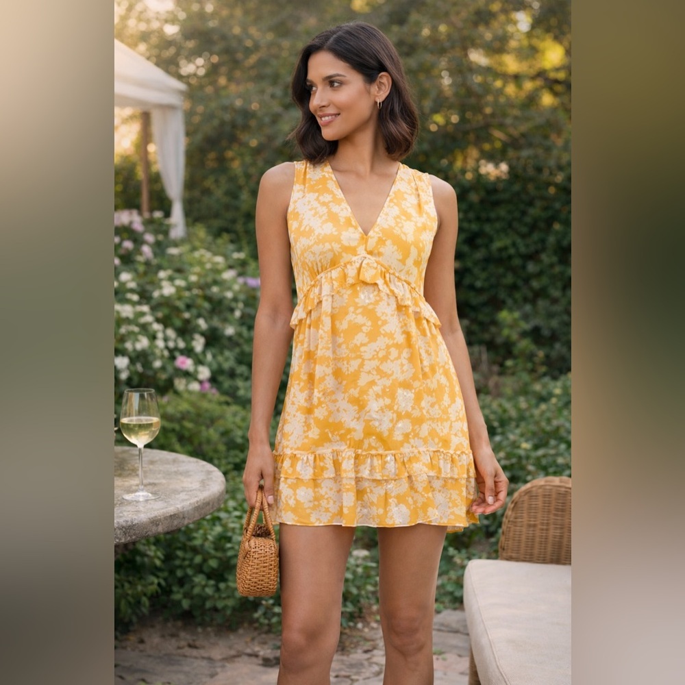 Ramy Brook Yellow Floral Ruffle Mini Dress Boho Garden Party Summer Size 10 - Picture 1 of 8
